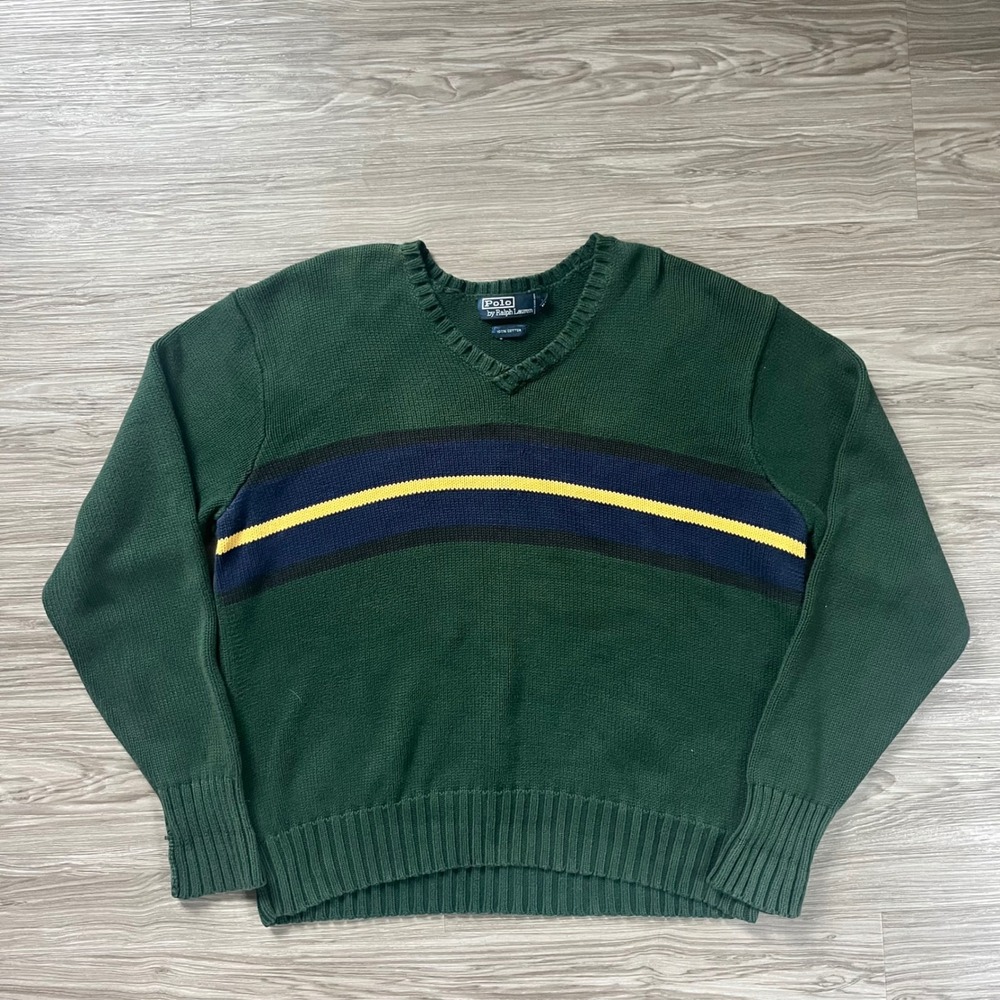 Polo Ralph Lauren Mens Green Striped V-Neck Cotton Knit Sweater Large Vintage